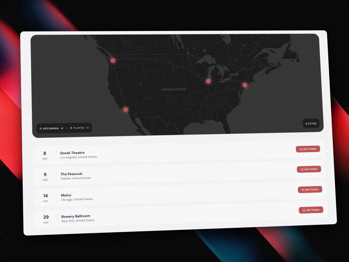 StereoFloss's tweet image. It's the small attention-to-detail stuff that we love doing.

Tour dates becoming a map of connected dots, just makes looking at tours that much more engaging.

Snapshot from a bands profile on StereoFloss. Every (free) band account gets a full stunning* website.

* Yep. Better