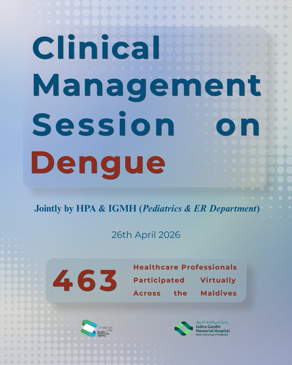 HPA_MV's tweet image. To strengthen management of dengue cases, a virtual session on clinical management of dengue was conducted by HPA and Indira Gandhi Memorial Hospital, with 463 healthcare professionals participating across the Maldives.

#DengueAwareness #DenguePrevention #PublicHealth