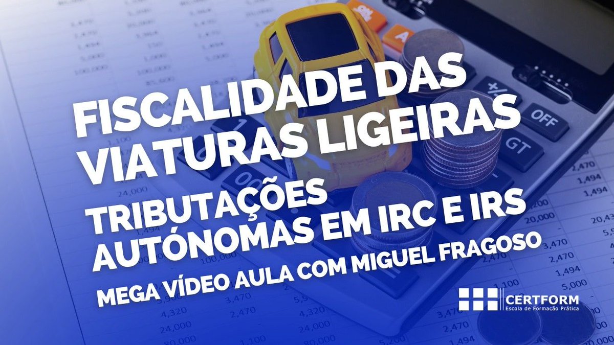CERTFORM's tweet image. 🫰🚘 Fiscalidade das Viaturas Ligeiras: Tributações Autónomas em IRC e IRS - Mega Vídeo Aula buff.ly/qFyWowx 

📧 geral@certform.pt

#Certform #CursoOnline #ELearning #Formacao #ContabilidadeFinanceira #Fiscalidade #IRC #IES #IVA #FinançasEmpresariais