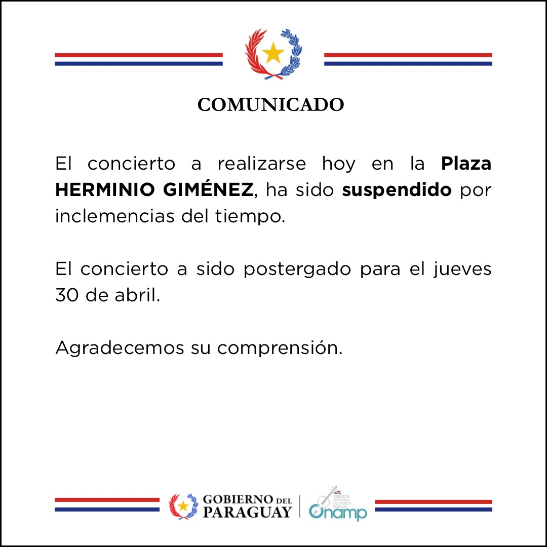 951fm_nacional's tweet photo. 🔹La @Onamp_py informa que el concierto previsto para hoy a las 19 h en la Plaza Herminio Giménez por el Día del Patrimonio Cultural, se posterga por inclemencias del tiempo y se realizará este jueves 30 de abril https://t.co/yq3bT3eRbr