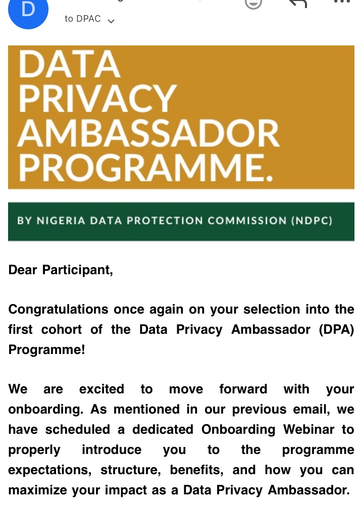 eleshomorenike's tweet image. Congratulations to me!!!🎊

I have been selected for the Data Privacy Ambassador Program by the Nigeria Data Protection Commission (NDPC).

I’ll soon officially become a Data Privacy Ambassador. Cheers.😊🎊
