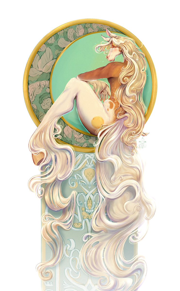 opaluim's tweet photo. I love horses, and when I saw this drawing in you style, I just had to draw it; it also has the feel of Alfons Mucha, whom I also adore, and I wanted to capture that in my own version 
#mare #horse #anthro #furryhorse #furry #furryart #anthrohorse #horsefamale #mucha #sketch https://t.co/Xk6vEF355W