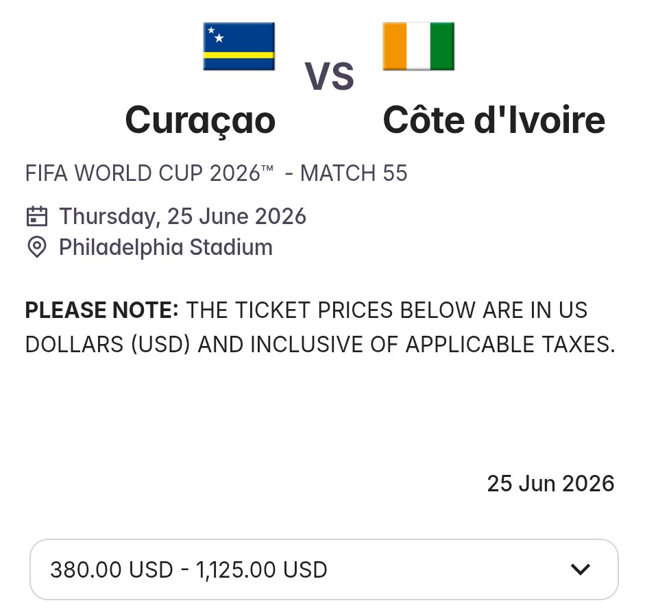 dcadenajordan's tweet photo. 380$ la entrada más económica para un Curaçao - Costa de Marfil en Philadelphia.

O los precios se desploman o habrá un partido con casi nadie presente. 

El error más craso de Fifa fue:

- Introducir el modelo de ticketing más agresivo que ha implementado en su historia (precios flotantes)

- para el torneo con el talento más diluido (48 países en vez de 32)

- en el mercado más apático en ser sede del Mundial que existe (EEUU)

- durante un contexto en el que "deportación" es un temor real para cualquier extranjero