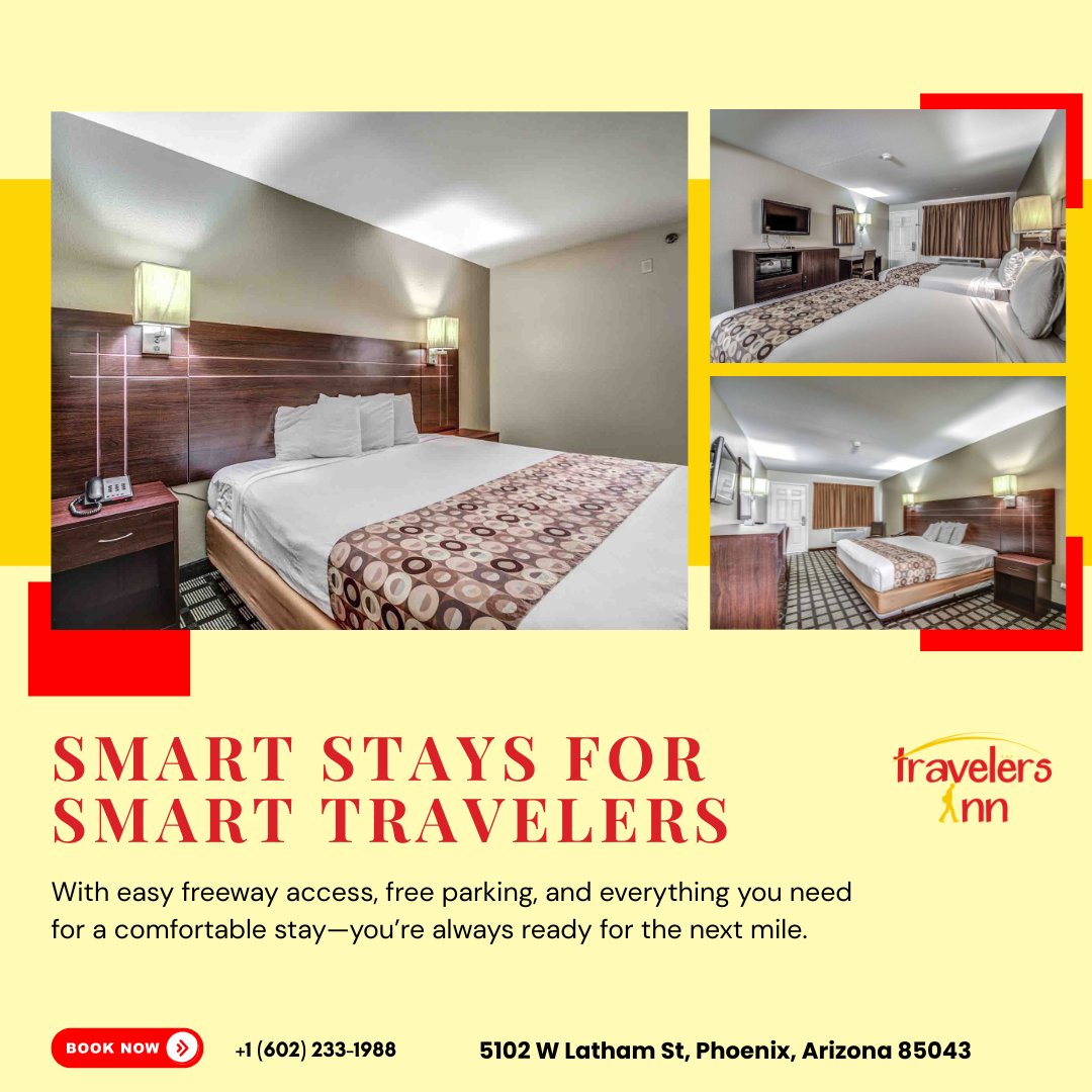 TInnPhoenix's tweet image. SMART STAYS FOR SMART TRAVELERS 🧠✨
Easy freeway access, free parking, and everything you need for a comfortable stay—so you’re always ready for the next mile.
📞 +1 (602) 233-1988
📍 5102 W Latham St, Phoenix, AZ 85043
BOOK NOW  #PhoenixAZ #SmartStay #RoadTripReady