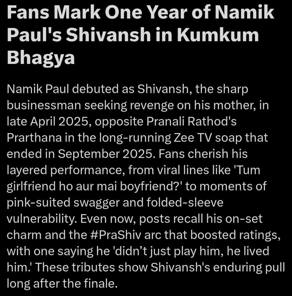 It was indeed a celebration. Thank you to everyone who joined in. Thank you <a href="/namik_paul/">Namik Paul</a> , for bringing Shivansh Randhawa to life - for making his words count and his silence even more powerful.  He’ll be another special one
1 YR OF NAMIK AS SHIVANSH
#namikpaul #kumkumbhagya