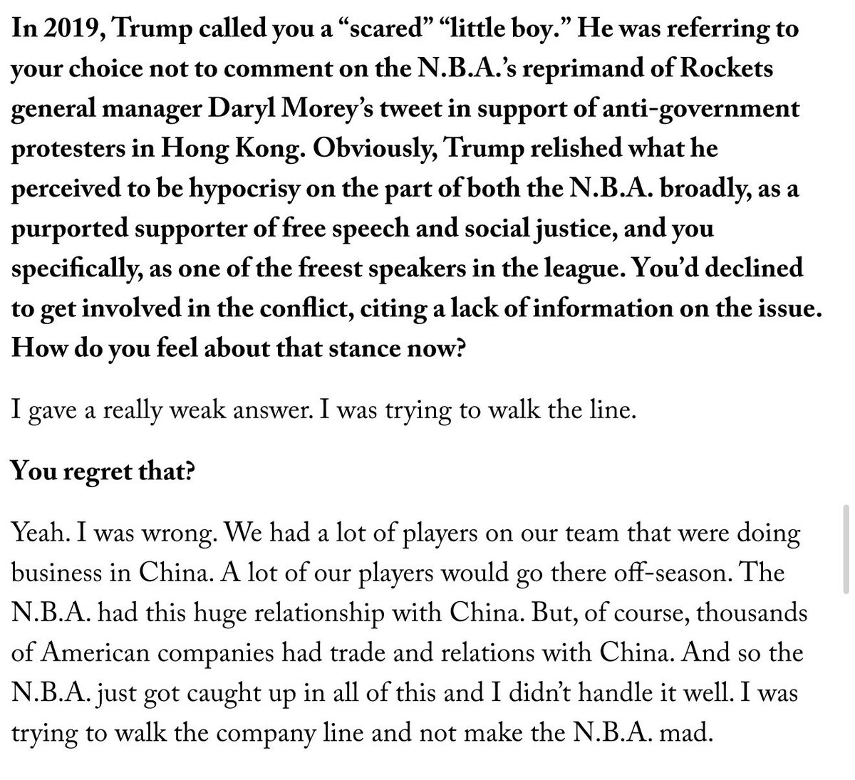 Kerr regrets his lack of comments during the NBA/China situation.  

Says he walked the company line in order to not make the NBA mad 

newyorker.com/news/the-new-y…