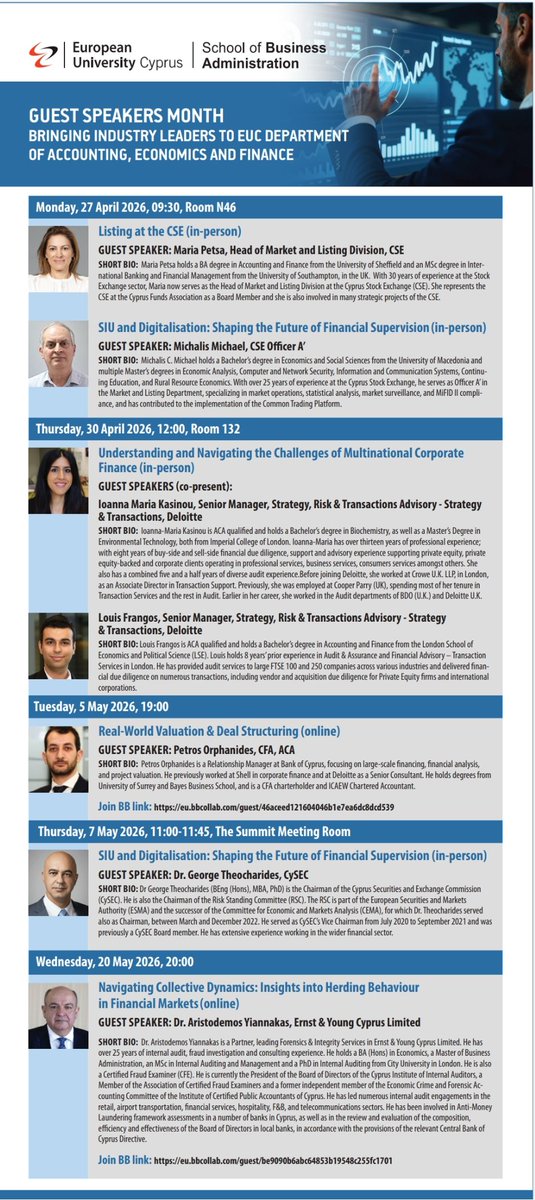 sim010101's tweet image. Guest Speakers Month @EuropeanUniCy 
#Accounting #Economics &amp;amp; #Finance 
#Cyprus