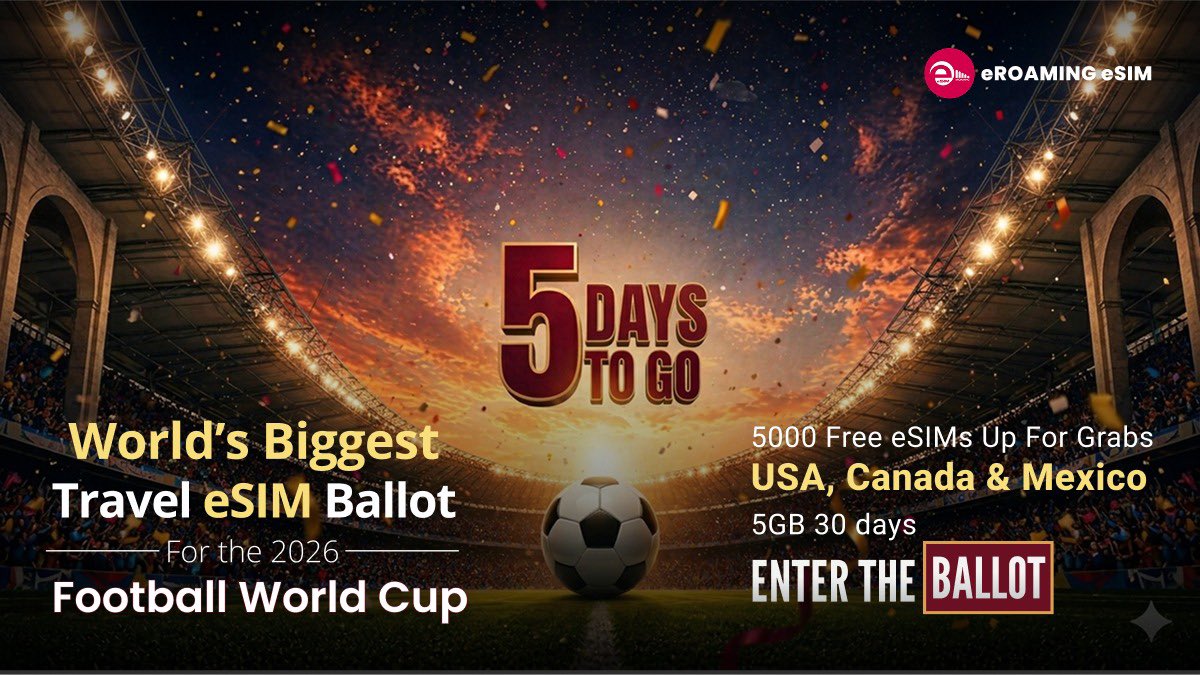eROAMINGeSIM's tweet image. 5 days to go 
World’s Biggest eSIM Ballot
5000 FREE eSIMs
USA, Canada &amp;amp; Mexico
5GB | 30 Days
Travel connected. Enter the ballot.
#eROAMING #eSIM #TravelTech #WorldCup2026