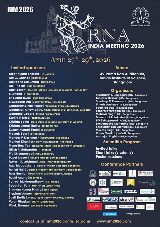 RIM2026_IIScBlr's tweet photo. The stage is set! We warmly welcome all delegates to the 13th RNA India Meeting (RIM 2026) at the Indian Institute of Science, Bangalore.
Starting tomorrow, we embark on three days of rigorous scientific exchange, exploring the latest breakthroughs in RNA biology. 🧬 https://t.co/d3cS3mYZZZ