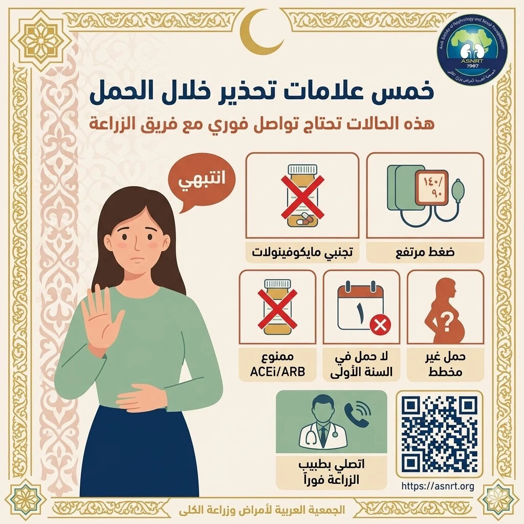 asnrt_org's tweet photo. خمس علامات تحذير خلال الحمل

ضغط مرتفع، تجنّب مايكوفينولات، ممنوع ACEi/ARB، لا حمل في السنة الأولى، حمل غير مخطط — اتصلي بطبيب الزراعة فوراً.

📚 https://t.co/PjelAvOqMW
#زراعة_الكلى #تثقيف_صحي #ASNRT #medX https://t.co/aNfmA8t7Z4