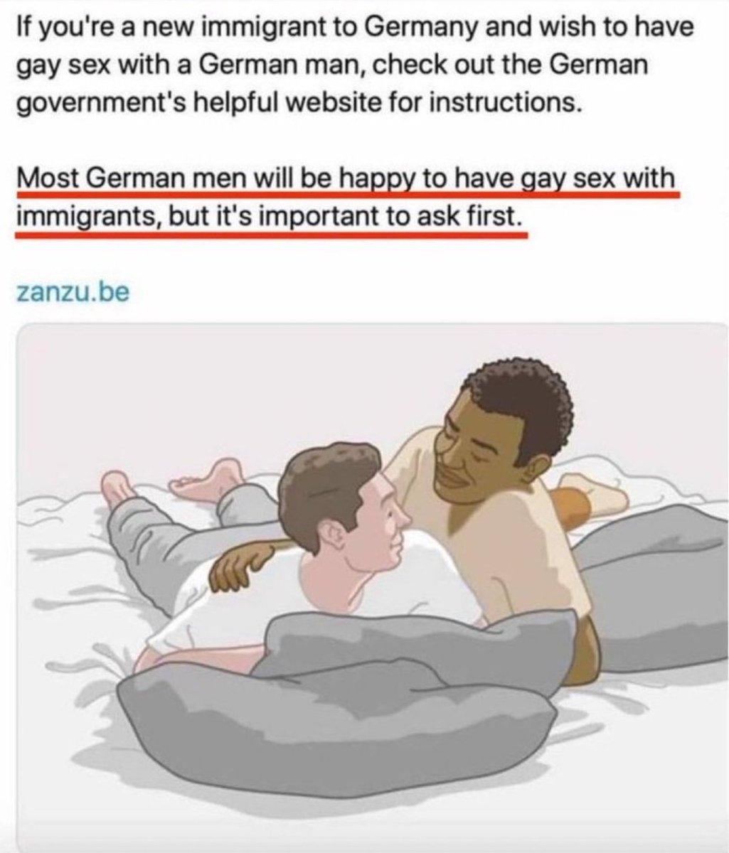 HomelandEurope's tweet photo. 🇩🇪 GERMAN GOVT: "WANNA B🅰️NG GERMAN MEN? NO PROB - JUST ASK!" 🏳️‍🌈
Authorities encourage migrants to seek gay s€x with natives. That is liberal, progressive and inclusive! https://t.co/TJ4UHwAfnJ