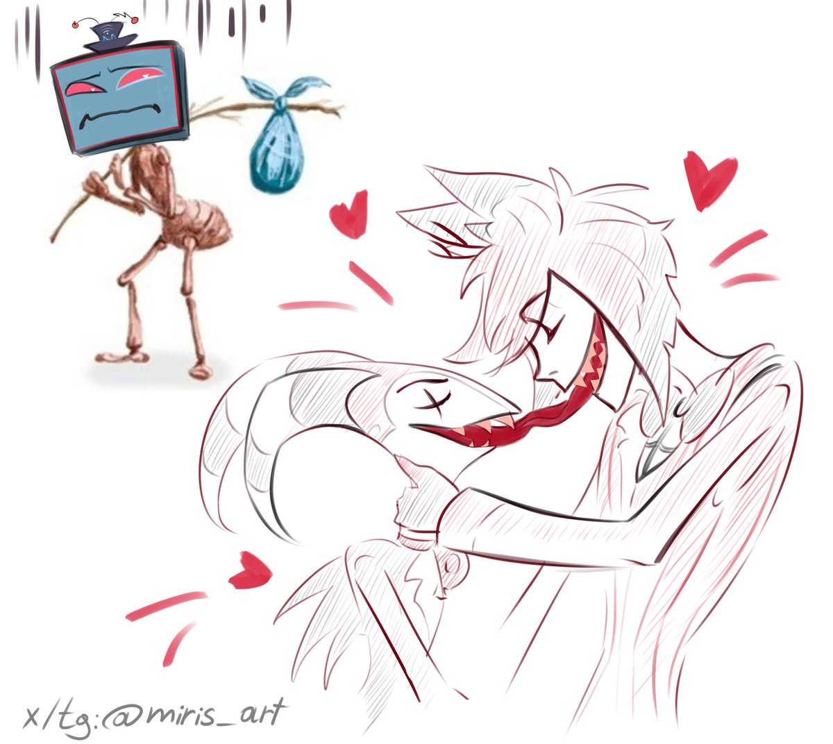 Miris_art's tweet photo. What about Vox?? 
What amuses me most is that Christian was the first to leave the stage after Amir escaped, and he literally looked like this ant. It was so funny
#hazbinhotel #alastor #blizo https://t.co/KfbwypcFvu