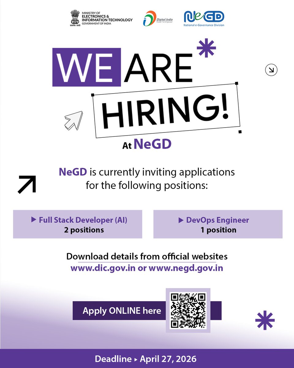 GoI_MeitY's tweet image. NeGD is hiring Full Stack Developer (AI) and DevOps Engineer.
📩 Apply ONLINE here: ora.digitalindiacorporation.in
📅 Deadline: 27.04.2026

#Hiring #NeGD #DigitalIndia #CareerOpportunity