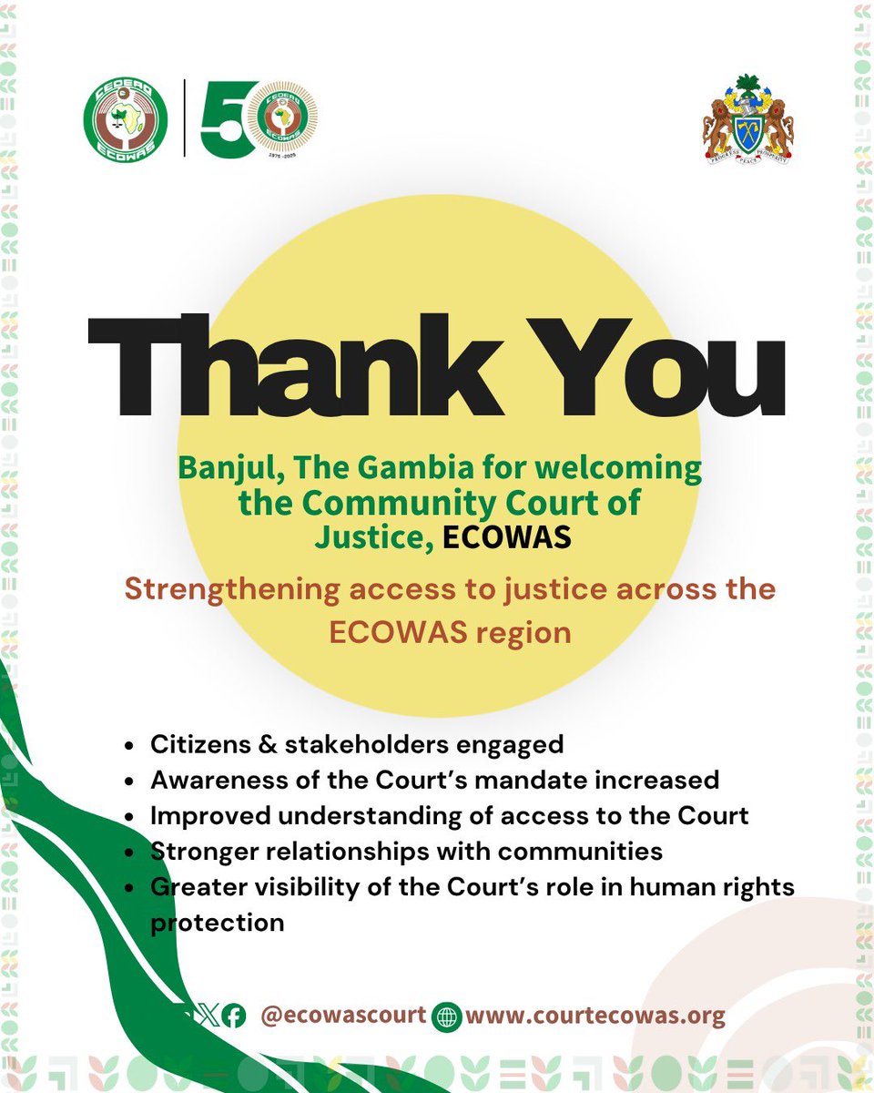 ecowascourt's tweet image. Thank you, The Gambia 🇬🇲

For the warm welcome and productive engagements with the ECOWAS Court of Justice ⚖️

Connect with us 👉🏼 @ecowascourt 🤝follow ❤️like 🔁share 💬comment

#JusticeCloserToThePeople
#OutreachGambia #AccessToJustice
#HumanRights #RegionalJustice