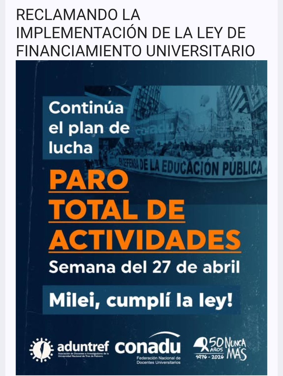 Nuestra Cátedra <a href="/CSEyPFerraro/">Miguel Angel Ferraro</a>  adhiere al Paro de <a href="/PrensaCONADU/">CONADU</a> y <a href="/Aduntref_ok/">aduntref_oficial</a>. La semana 27 de abril no tenemos clases presenciales.