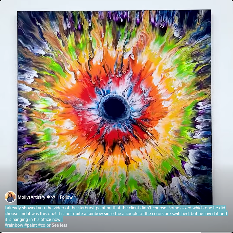 Johnnystill1's tweet image. The video of the starburst painting. Some asked which one he did choose and it was this one!  It is not quite a rainbow since the a couple of the colors are switched #rainbow #paint #color #MolliesArtistry 
facebook.com/share/v/1C8EgT…