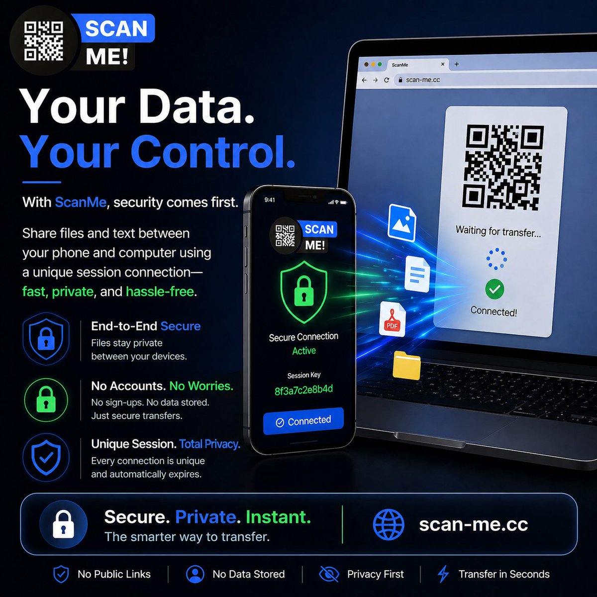 ScanmeGMV's tweet photo. 🔐 Your Data. Your Control.

With ScanMe, security comes first.

Share files and text between your phone and computer using a unique session connection—fast, private, and hassle-free.

No public links. No unnecessary accounts. No clutter.

Just secure transfers in seconds. ⚡ https://t.co/e4tC9jxv2t