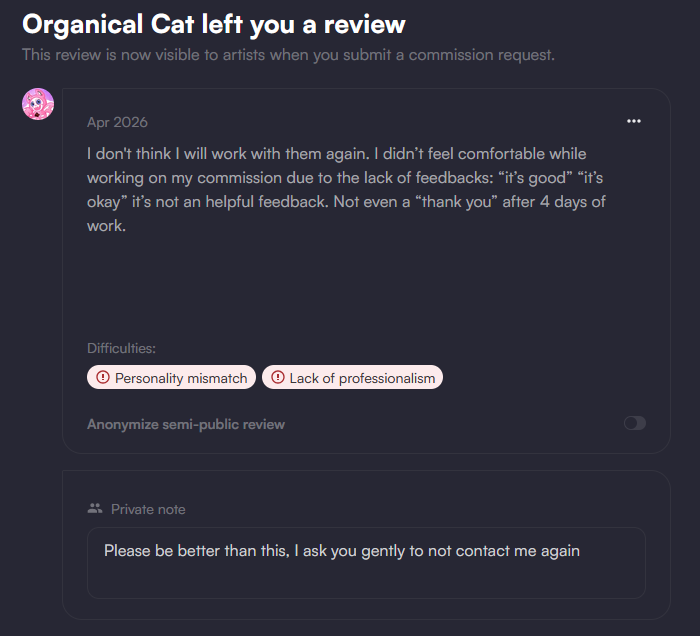YordleScout's tweet image. Huh...?
Why accept #CreativeFreedom then...?

I give it to all #ArtCommissions. A simple "No." "It's good!" or "It's okay." When asked if anything is wrong, is just how I respond. 

Even with all the details I eventually did give, @OrganicalCat was such a nasty person in the end.