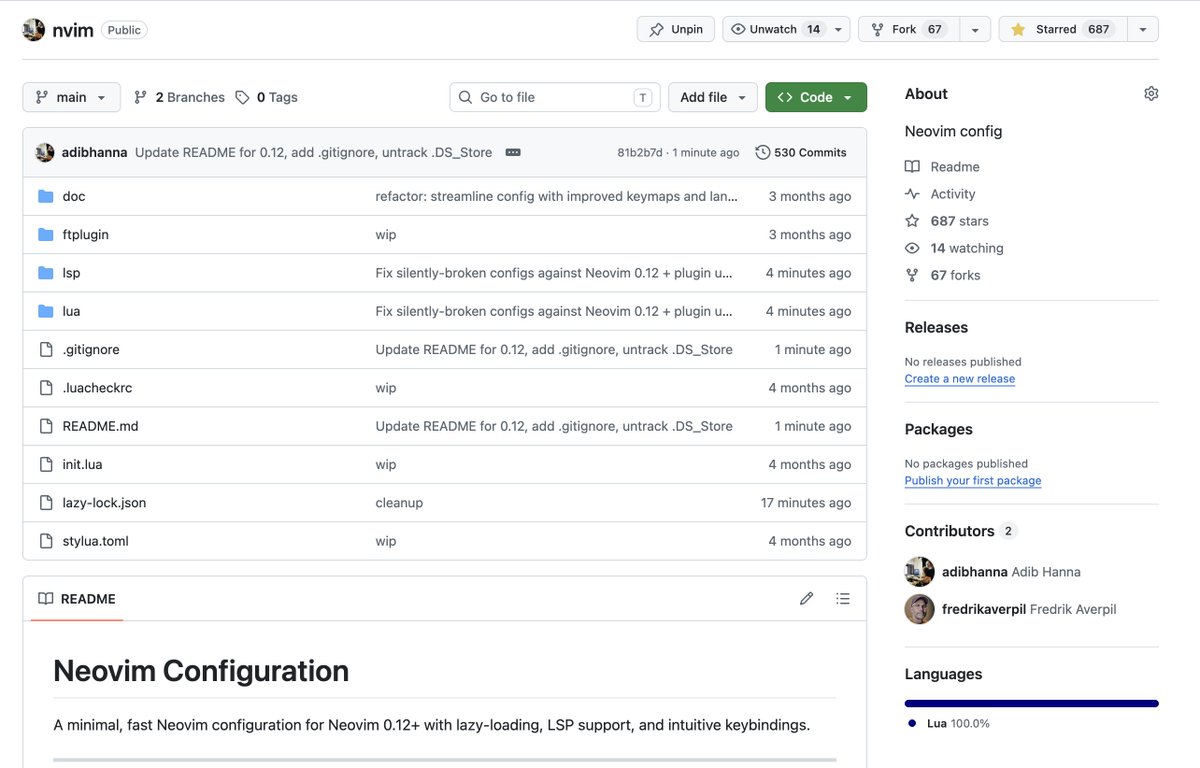 adibhanna's tweet photo. I updated my Neovim config, btw https://t.co/8EihQ4ZGLc