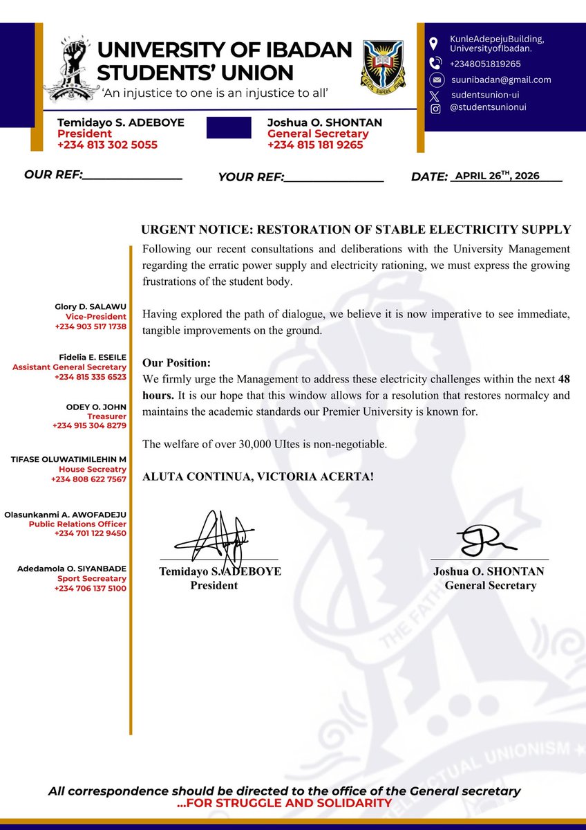 studentsunionui's tweet photo. URGENT NOTICE: RESTORATION OF STABLE ELECTRICITY SUPPLY!

©THE DILIGENT TEAM. https://t.co/Y4SWzYtwPW