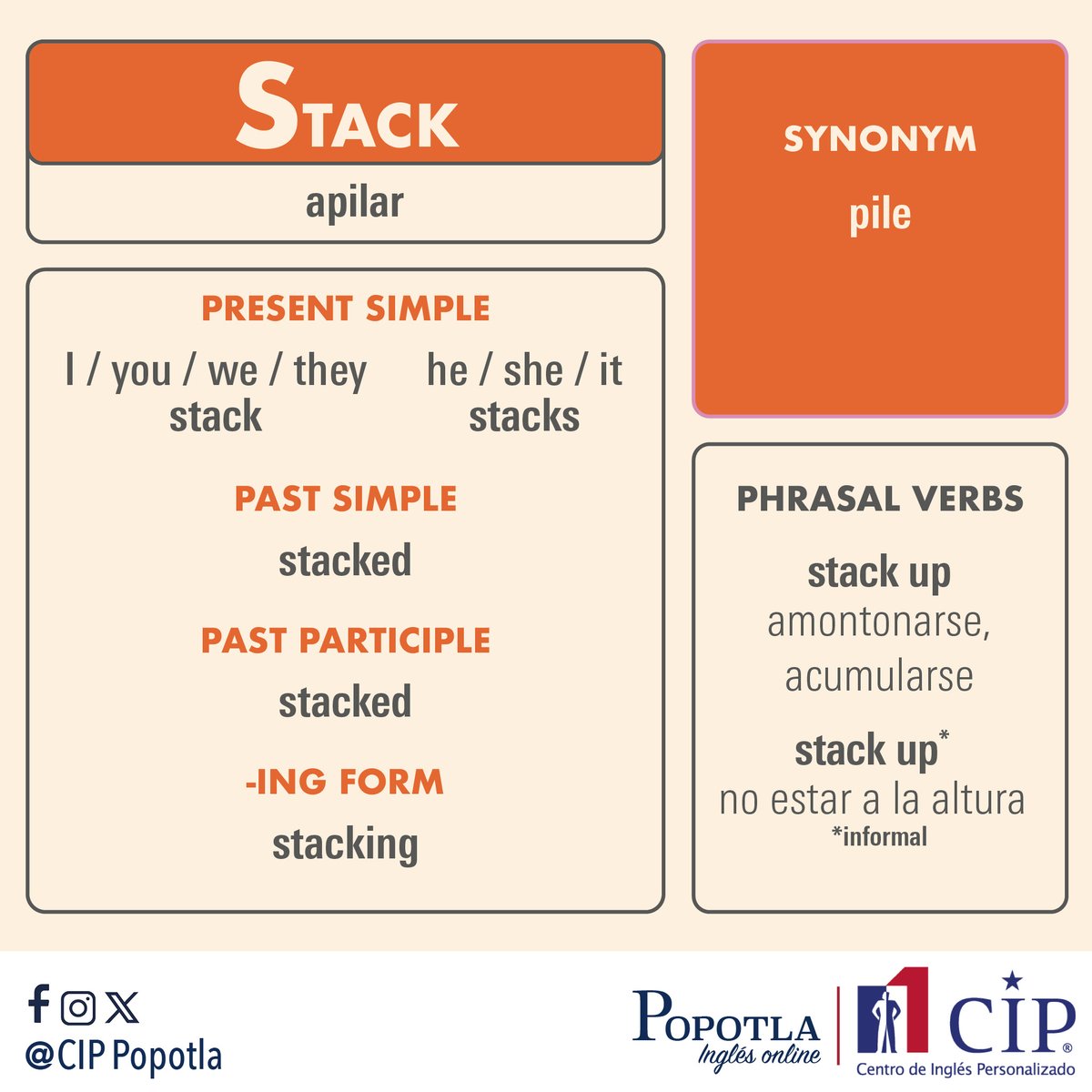 CIP_Popotla's tweet image. #grammar ✍️ Comienza a expresar ideas mejor elaboradas con esta guía básica del verbo «stack» que se traduce como «apilar». 🟨🟩🟦🟪 ¡Practícalo!