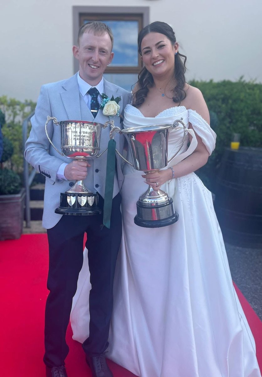 BandMaghery's tweet photo. A lovely day of Celebrations were had yesterday for the new Mr &amp; Mrs Glackin 🥂🍾🥂

Wishing these two champions, Sharon &amp; Jamie whose young love blossomed in the ranks, the very best of wishes and a lifetime of health and happiness 💛💚
#sharonandjamie #mrandmrsglackin
#maghery https://t.co/fn0Q04uh15