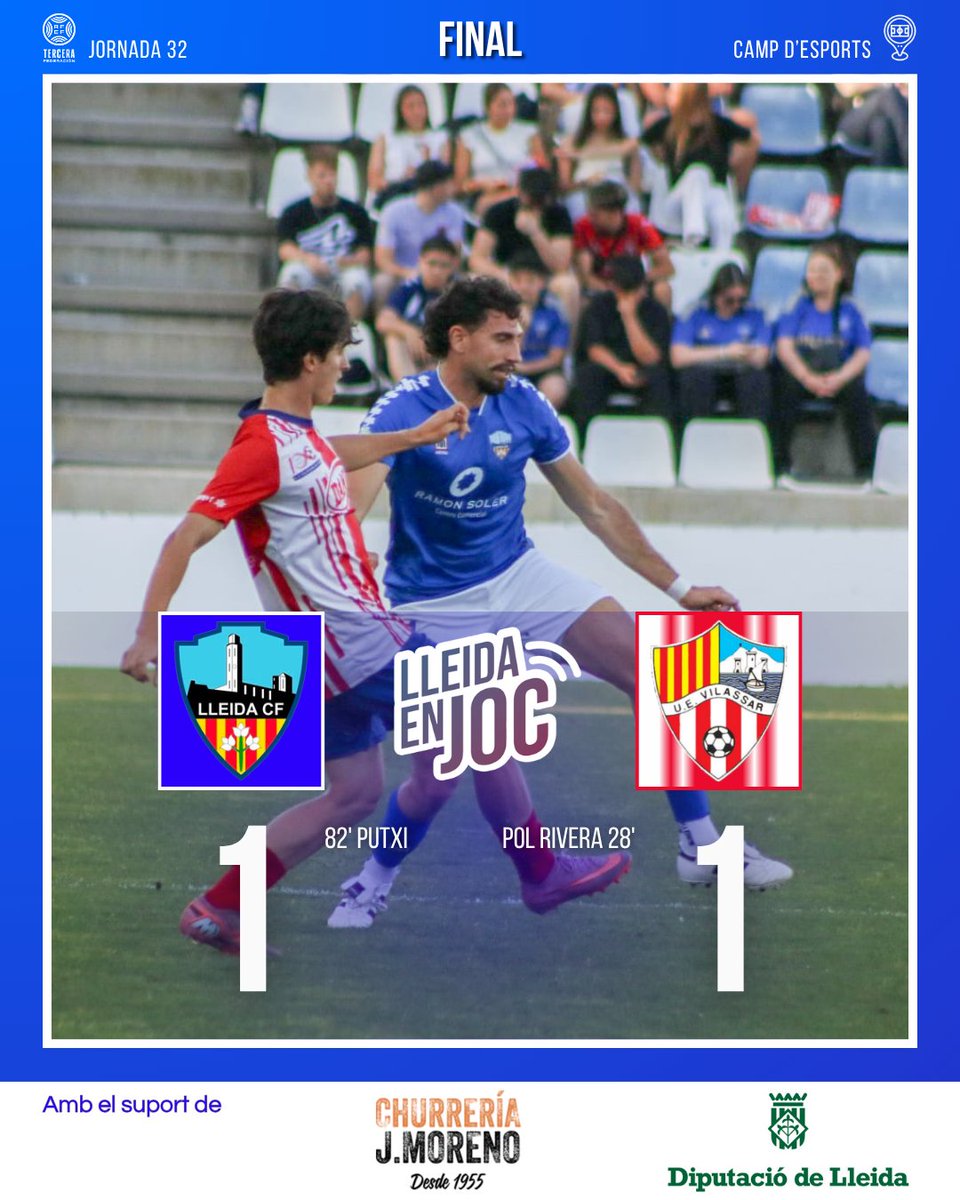 LleidaEnJoc's tweet photo. 🔵 ⏱️ 90+4' | 1-1 | FINAL DEL PARTIT al Camp d’Esports!!🔚

⚽️ Empat del @LleidaCF en una bona segona part, tot i saber que s'havia perdut la categoria!

📸 @alex_samper2

#LleidaVilassar #LleidaEnJoc

🚨 EN DIRECTE:
💻 https://t.co/fsPPdjXcng
📲 APP SEGRE https://t.co/tyWuVf55Qq https://t.co/LlXX6UdGNX