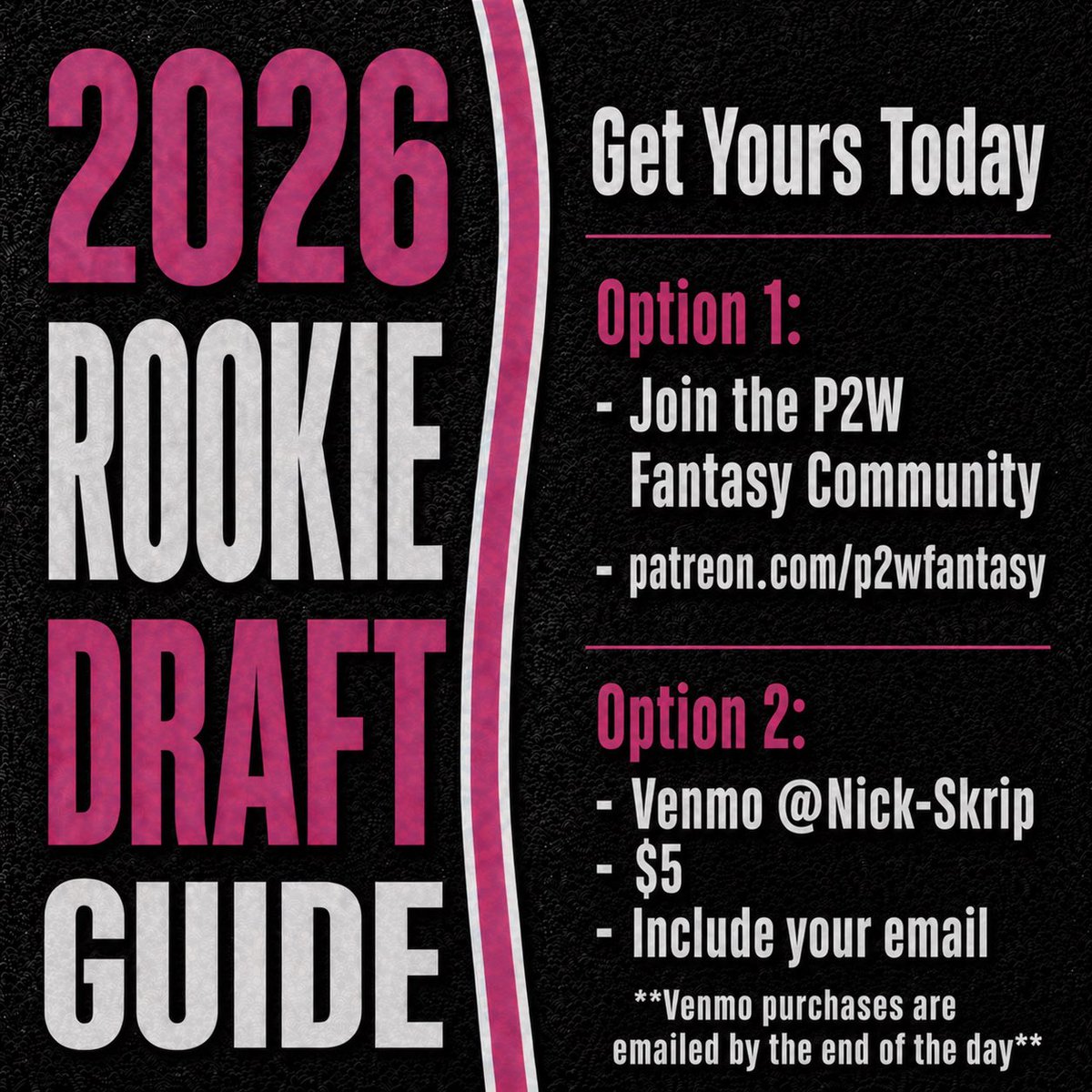 P2WFantasy's tweet photo. 🚨P2W Fantasy Rookie Draft Guide🚨

It’s live! 

- 118 pages 
- College Profiles 
- NFL Profiles 
- SF + 1 QB Rankings 

I spent a ton of time on this and it turned out great. I’ll updated the rankings weekly for it 

How to grab yours is included https://t.co/o46in3pQ65