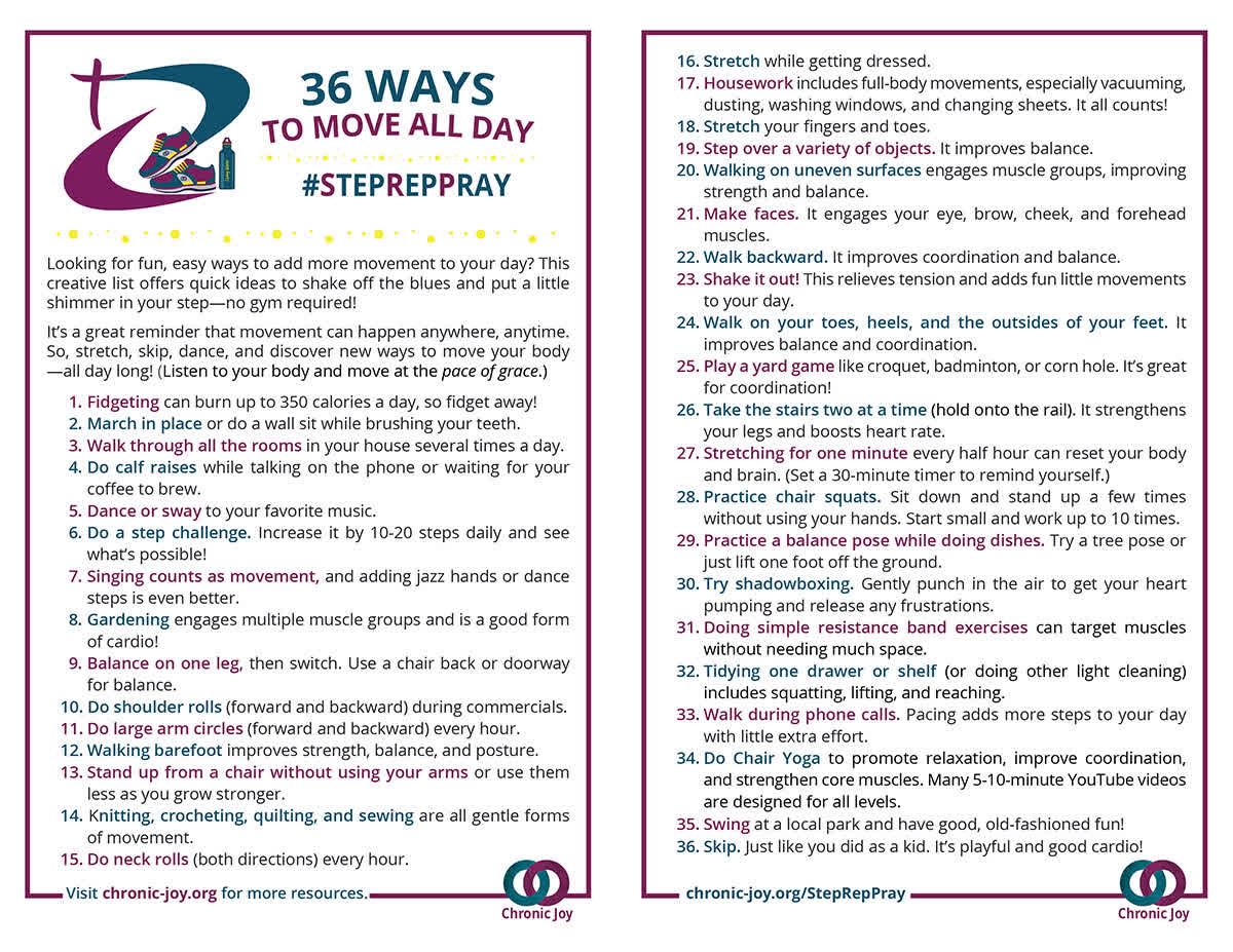 Discover 36 fun, easy ways to add more movement to your day. This creative list offers quick ideas to shake off the blues and put a little shimmer in your step—no gym required! Gentle ideas for all abilities.  chronic-joy.org/wp-content/upl…