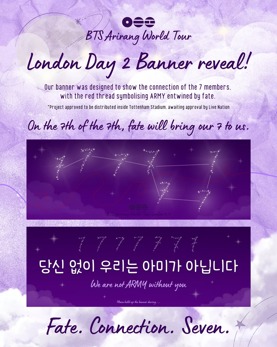 BTSLondonDay2's tweet photo. Fate. Connection. Seven 💜
Day 2 banner reveal
Seven as one. ARMY as the thread.
We found our way back ✨
#BTS #ARMY #OT7 https://t.co/eZPtyXUjiP