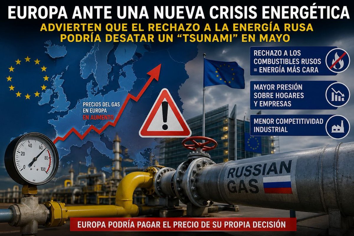 EdgarBaezP's tweet image. 🔴 Europa paga caro su giro energético: gas más caro, menor competitividad y presión sobre hogares y empresas.
Mientras crece la tensión global, surge la duda: ¿romper con Rusia fortaleció a la UE… o la debilitó? ⚠️🇪🇺

#CrisisEnergética #Europa #Gas #Geopolítica