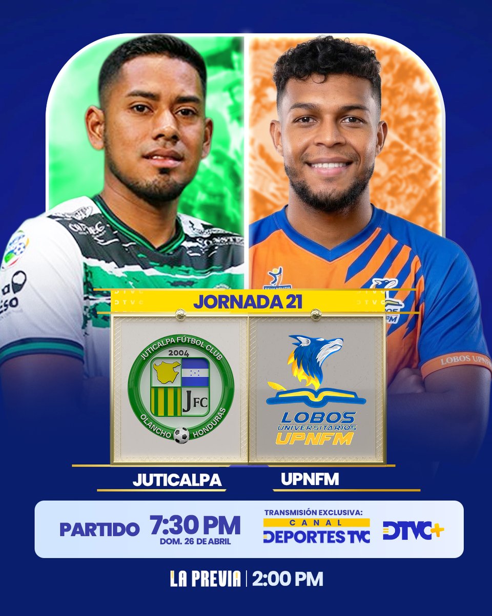 DeportesTVC's tweet photo. ¡VIDA O LIGUILLA! 🇭🇳⚽
Los Canecheros se aferran a Primera con las uñas, mientras los Universitarios necesitan los tres puntos para mantener vivo el sueño de la fiesta grande.

Jornada 2️⃣1️⃣
#JUTICALPAFC 🦞 🆚🐺#UPNFM
🗓️ Domingo 26 de abril: 7:30 PM
📺 Por DeportesTVC y DTVC+ https://t.co/GwAF5fVI0h