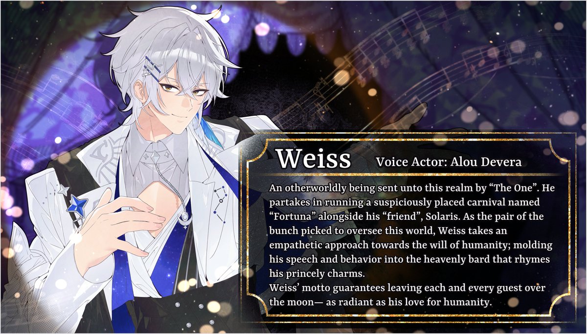 Etoile_Dreams's tweet photo. Meet — Weiss
VA: @AlouDevera 

1/2 of "The One"'s underlings. A bard who aims to sooth his guests with the comfort of his gentle melodies. He's fueled by the deep connection he bears for the will of humanity. https://t.co/kTQ71QVPmT