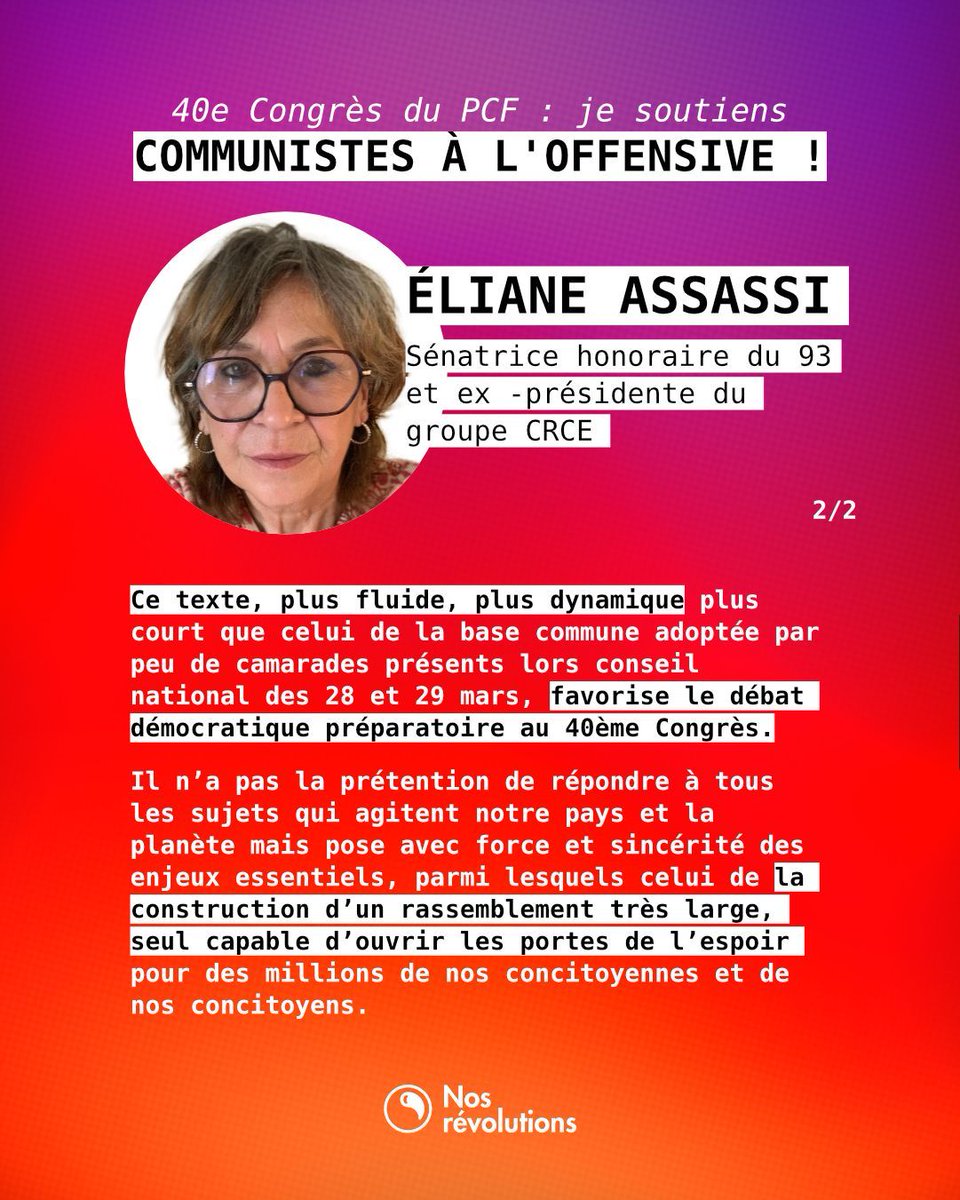 nos_revolutions's tweet photo. Eliane Assassi, sénatrice honoraire du 93 et ex -présidente du groupe CRCE, s'engage pour que les communistes passent à l'offensive : signez le texte unitaire pour un PCF engagé dans les luttes sur https://t.co/8H0r28jDLG ✊ @ElianeAssassi https://t.co/iNe7LJGZhz