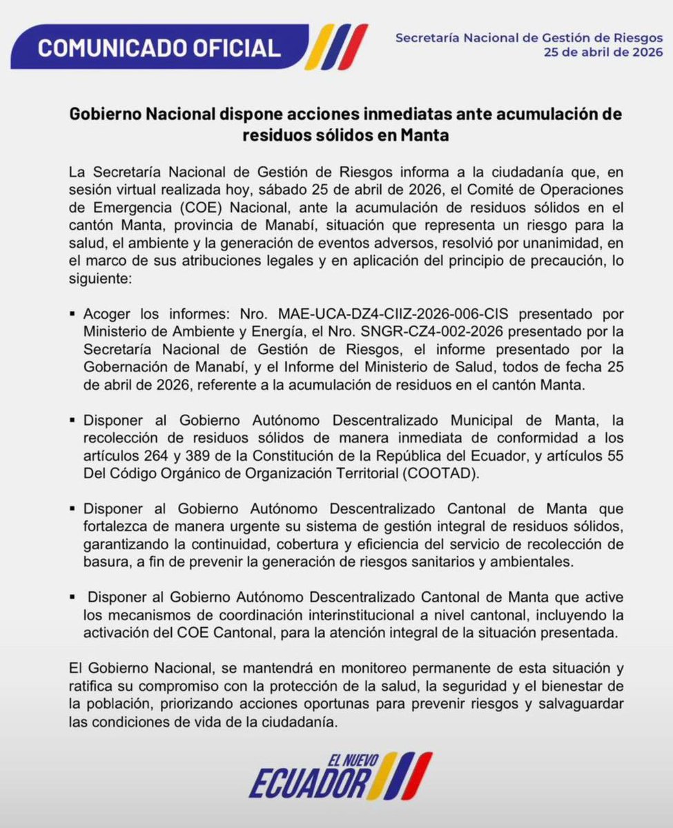 Gabopazec's tweet image. El comunicado del COE Nacional, sobre la acumulación de basura en las calles de #Manta, es puro formalismo y no aporta en nada. 

Entre otras cosas, dispone y dispone al municipio, recoger la basura, como que si al municipio no le da la gana de hacerlo. Tal parece que la gente