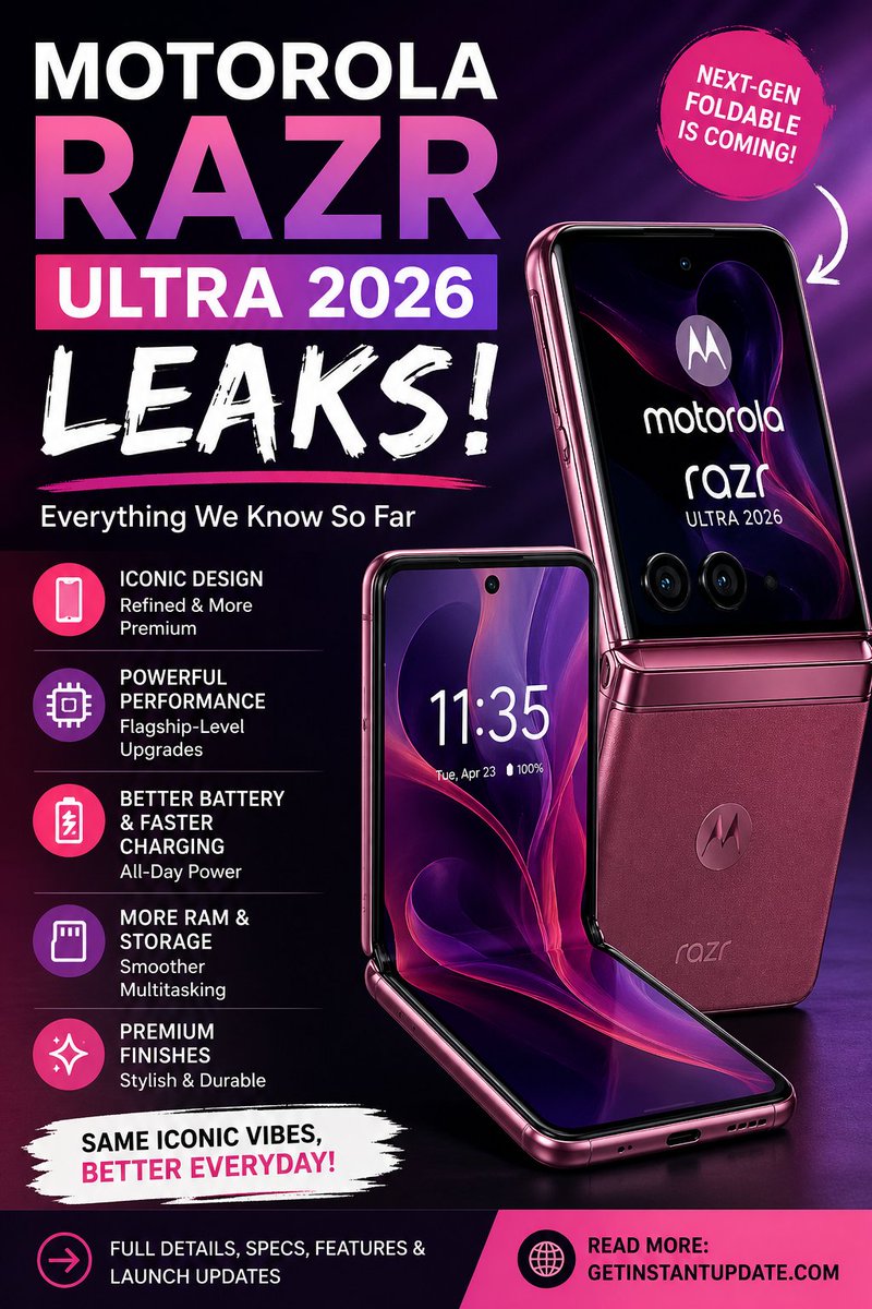 Getupdate24's tweet image. Motorola Razr Ultra 2026 leaks are here 👀

Same iconic flip design—but with refined upgrades, better battery, and premium finishes.

Is Motorola playing it safe or perfecting the formula? 🤔

👉 Read full details: getinstantupdate.com/motorola-razr-…

#Motorola #RazrUltra #Foldable #TechNews