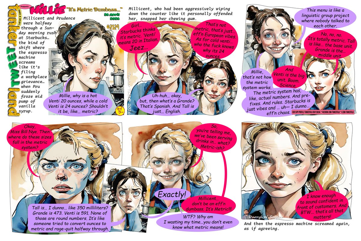 TankerTalk's tweet image. tankerTWEETland comix No. 2124 - Millie: "it's metric dumbass..." (4/26/2026) #webcomics #webcomic #comics #DiscoverComics #humor #humour #Satire #Memes #memesdaily #millie #prudence #people #friends #Coffee #family #CoffeeTime #Words #lol #WTF #sunday #Metric #SizeMatters #OMG