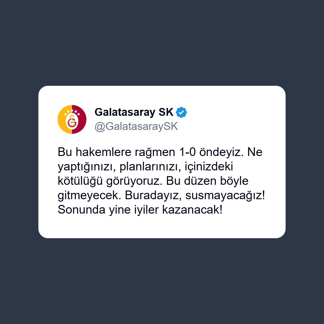 onedio's tweet photo. Galatasaray:

"Bu hakemlere rağmen 1-0 öndeyiz. Ne yaptığınızı, planlarınızı, içinizdeki kötülüğü görüyoruz. Bu düzen böyle gitmeyecek. 

Buradayız, susmayacağız! Sonunda yine iyiler kazanacak!" https://t.co/aWgwUcBAJR