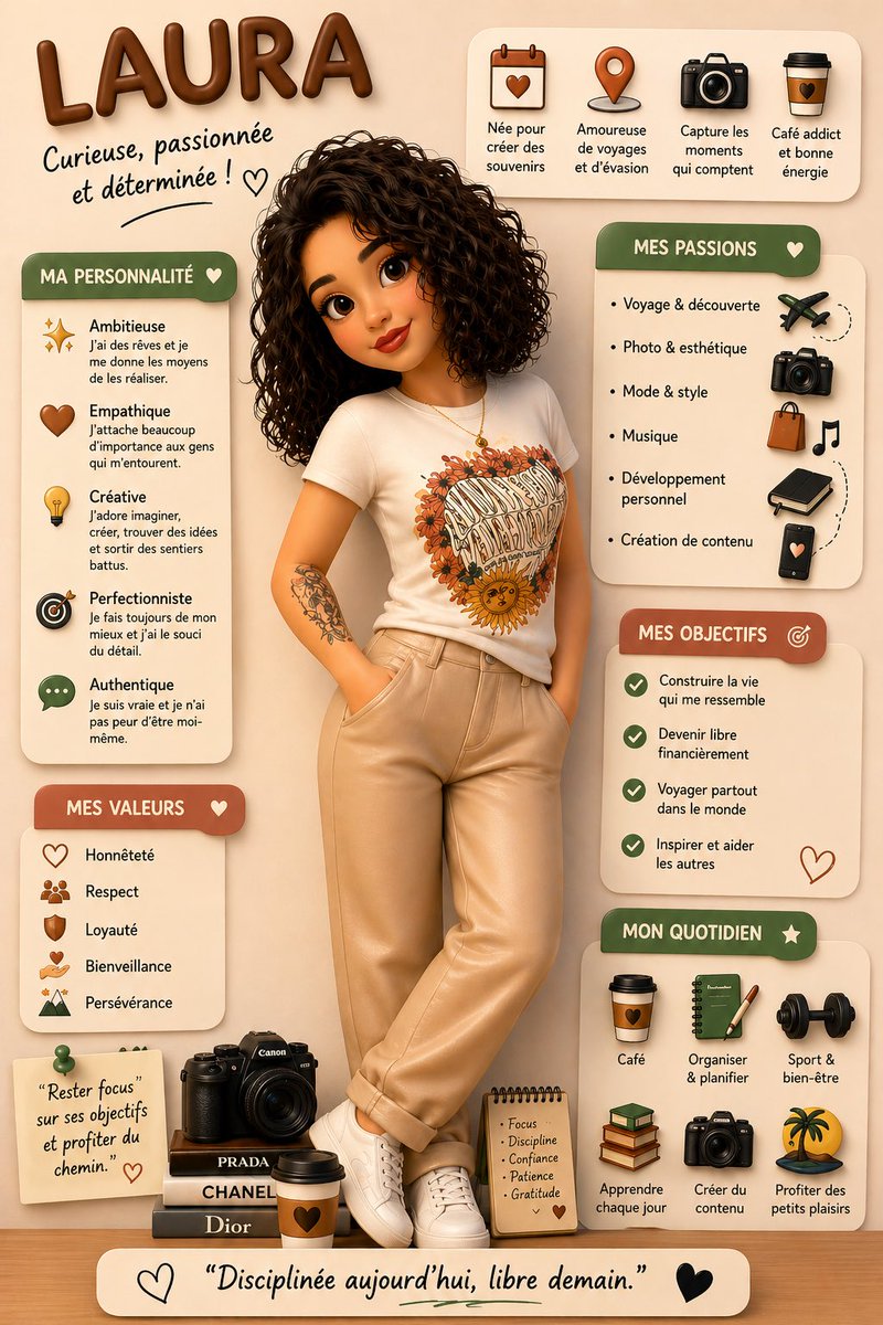 D'après ChatGPT, j'adore 🌸🩷 ça me ressemble beaucoup 🏝️✈️💻📚😍

"En sachant tout ce que tu sais sur moi, crée une infographie de moi. Fais une image style cartoon 3D."