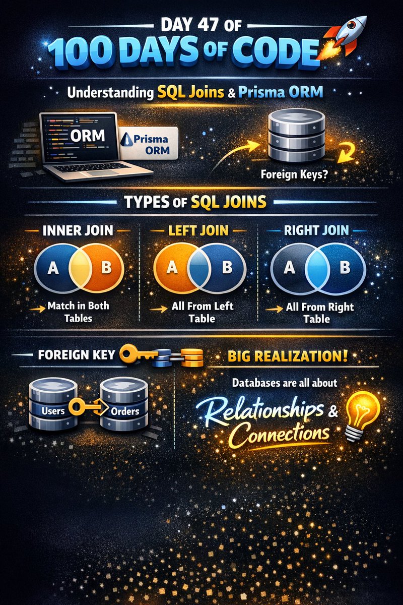 prabuddhaxdev's tweet photo. 🚀 Day 47 #100DaysOfCode

Revised Prisma ORM, SQL Joins &amp; Foreign Keys 💡

INNER, LEFT, RIGHT, FULL JOIN finally make sense 🔥

Big realization: Databases aren’t just storage… they’re about relationships &amp; connections 🤯

Still learning. Still building 🚀

#SQL #Prisma #WebDev https://t.co/JFdssxu9TJ