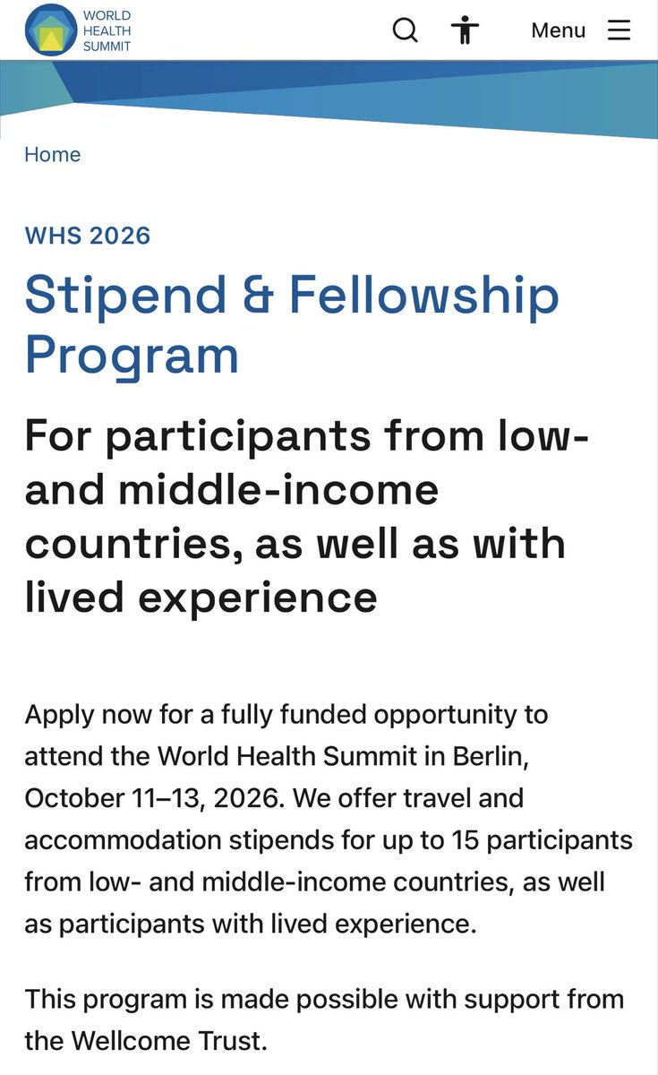 MrsScotty_M's tweet photo. Apply now for a fully funded opportunity to attend the World Health Summit in Berlin, October 11–13, 2026. We offer travel and accommodation stipends for up to 15 participants from low- and middle-income countries, as well as participants with lived experience.

https://t.co/ucbnC2ozjY