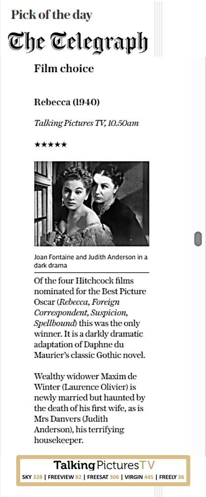 TalkingPicsTV's tweet image. Tomorrow morning! Mon-27-April at 10:50am REBECCA (1940) Chosen as the 5star Pick of the Day 'Film Choice' in @telegraph #TPTVsubtitles