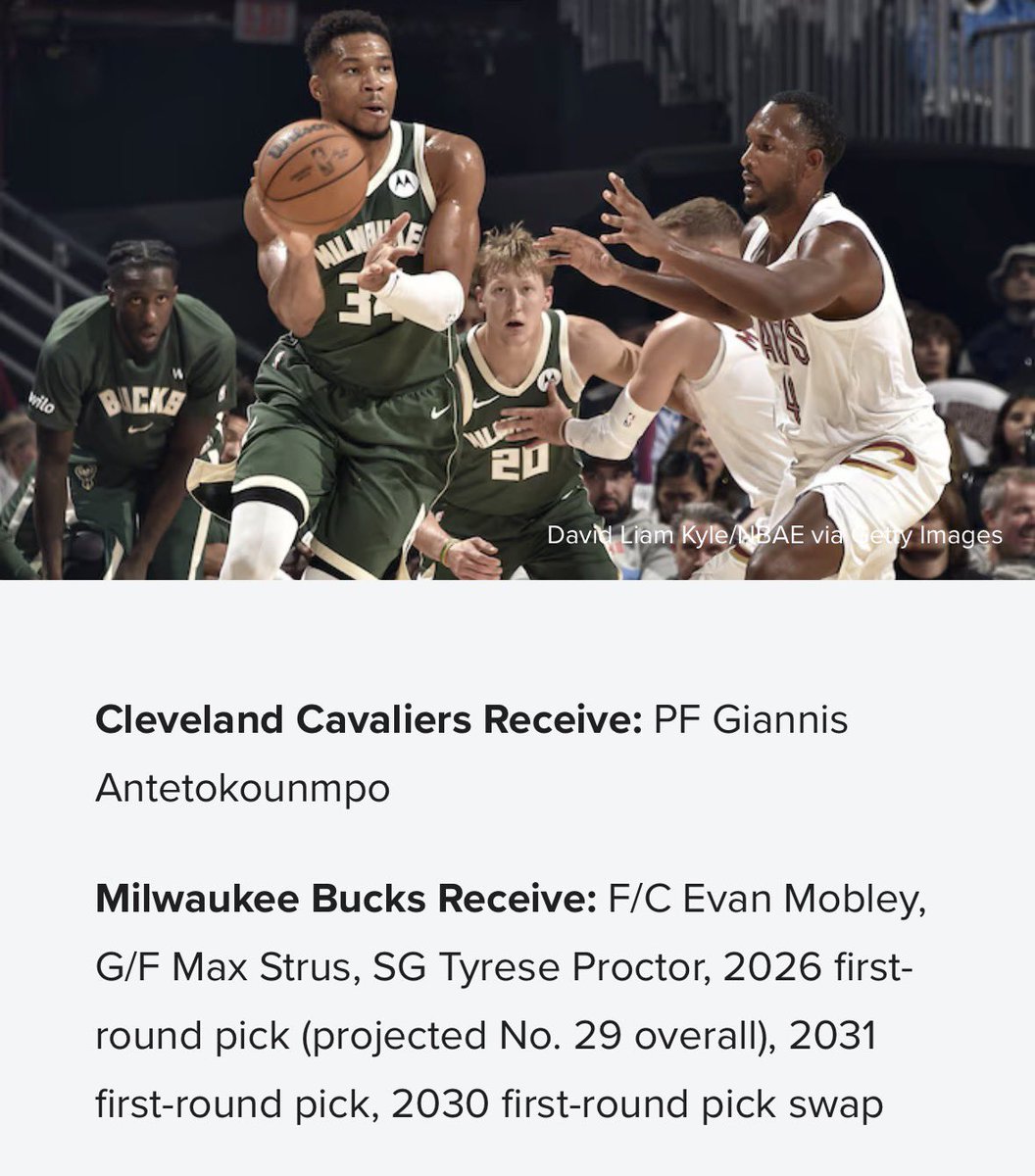playoffbuck's tweet image. Bleacher Report Giannis trade proposal:

Bucks receive Evan Mobley, Max Strus, Tyrese Proctor, 2026 FRP (proj. 29), 2031 FRP &amp;amp; 2030 FRP swap for Giannis Antetokounmpo. Thoughts? 🤔