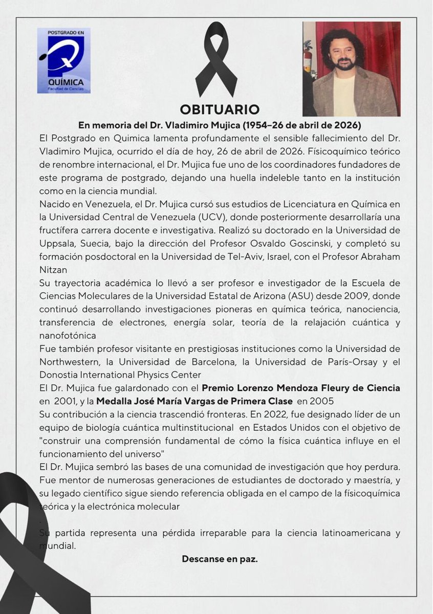 andresraulpaezp's tweet image. Caramba lamentamos fallecimiento gran investigador, brillante docente, científico #UCV #USB #fisico #quimica #ElectronicaMolecular Dr. Vladimiro Mujica @MujicaVladimiro. Gran pérdida para la #Ciencia #Latinoamerica @APUCV @ciencias_UCV @CENDES_UCV @CDCHUCV @UCV_Noticias_