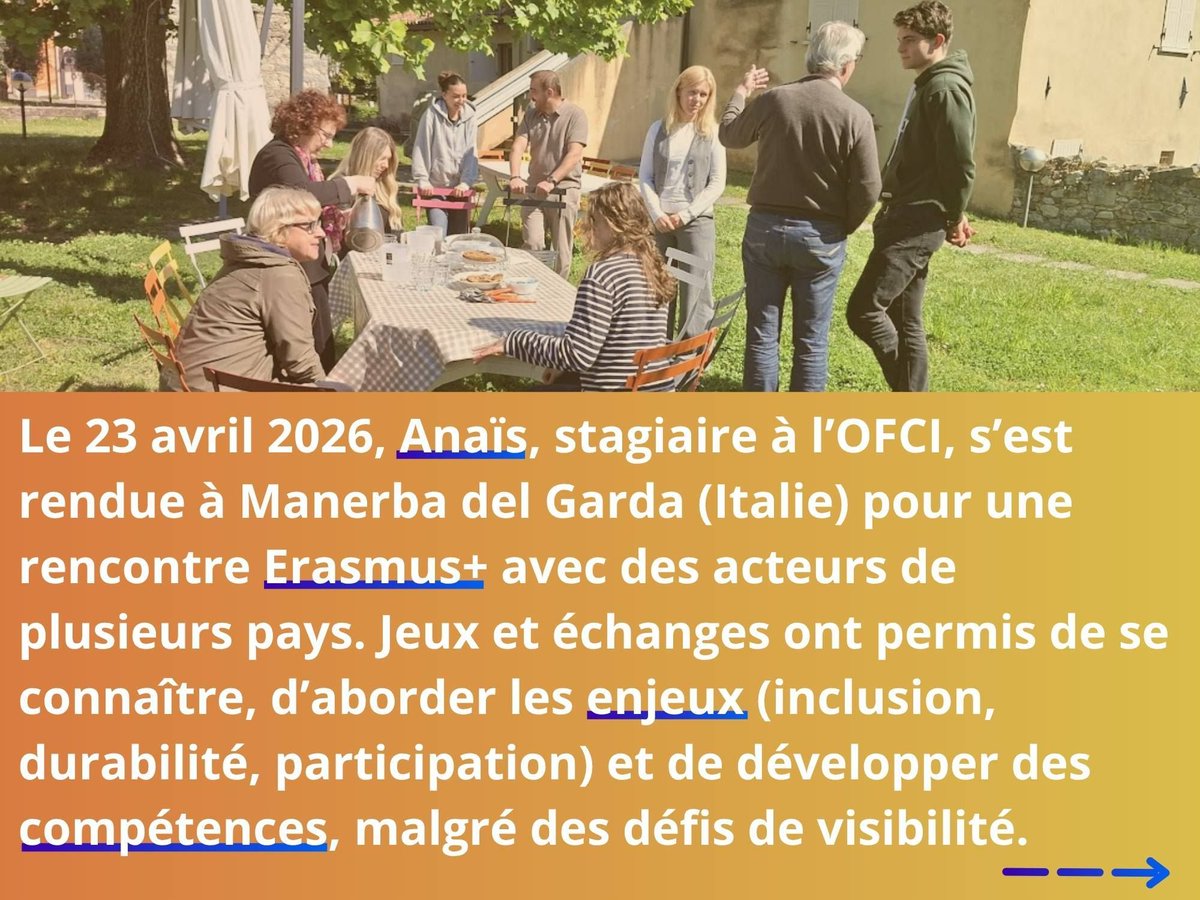 OFCIFR's tweet photo. Le 23 avril 2026, Anaïs (OFCI) a participé à une rencontre Erasmus+ à Manerba del Garda. Venues d’Italie, Allemagne, Autriche et Slovénie, les associations ont échangé sur de futures collaborations et l’apprentissage de compétences via l’éducation non formelle. https://t.co/aYfA74U9gY