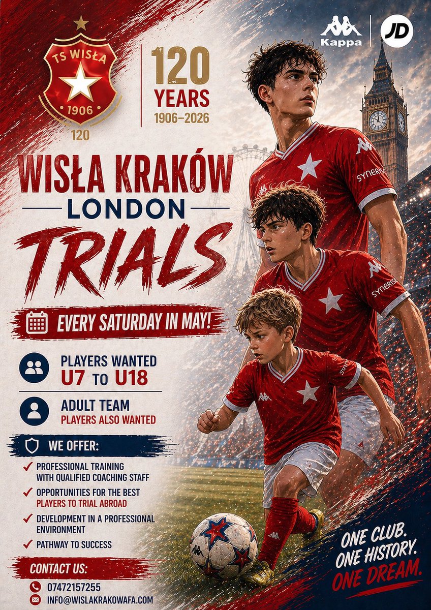 WislaLondon's tweet photo. 🚨 WISŁA KRAKÓW LONDON – TRIALS 2026 /27 🚨  

We are inviting ambitious and talented players to join our training sessions and Saturday trials this May!  

We are actively looking for standout players who want to develop in a professional environment and help strengthen our teams across all age groups.  

⭐ The best players will have a real opportunity to be selected for trials abroad and take the next step in their football journey.  
All it takes is to show up and give it your best.  

📍 Location:  Combe Wood School, 30 Menville Avenue, CR2 7HY  

📅 Trials: Every Saturday in May  

📞 Contact: 07472167255  
📧 Email: info@wislakrakowfa.com  
📝 Or fill in the form below  

https://t.co/ArWu1LUhmf

👉 Don’t miss your chance — step in, prove yourself, and be part of something bigger.  

🔴⚪🔵 #WislaKrakowLondon #FootballTrials #LondonFootball #NextLevel 
@jarokrolewski @AkademiaWisly @WislaKrakowSA