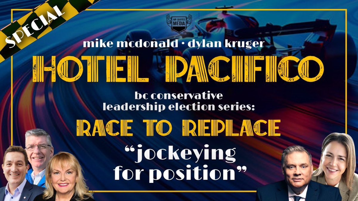 HotelPacificoBC's tweet photo. 🆕 Mike McDonald and Dylan Kruger co-host episode 3 of Hotel Pacifico's Race to Replace, a special series focused on the ins and outs of the BC Conservative leadership race which concludes on May 30.

Our hosts discuss track conditions, how the candidates are jockeying for position, the running order of the candidates over the past week (who had a good week, who didn’t), and then our hosts each pick a campaign to receive a checkered flag or a yellow flag.

🏁 @NVanCaroline @iainblackbc @KerryLynneFindl @yuri_fulmer @PeterMilobar 

🏨🌄Check into Hotel Pacifico for insights and interviews covering the latest in B.C. politics.

YouTube https://t.co/58BOgsibAv
Apple https://t.co/SS6mSiEbwo
Spotify https://t.co/lDUsmb4fmA
TikTok https://t.co/AE5IVqrrN2