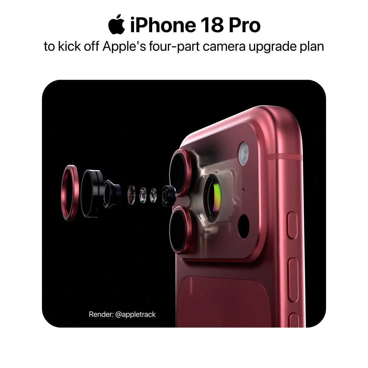 theapplecycle's tweet image. The iPhone 18 Pro will reportedly kick off Apple’s four-part camera upgrade plan:

• Variable aperture
• 1/1.12-inch “ultra-large” main camera sensor
• Enhanced optical image stabilization for ultra-wide lens
• 200-megapixel periscope telephoto lens

Source: Digital Chat