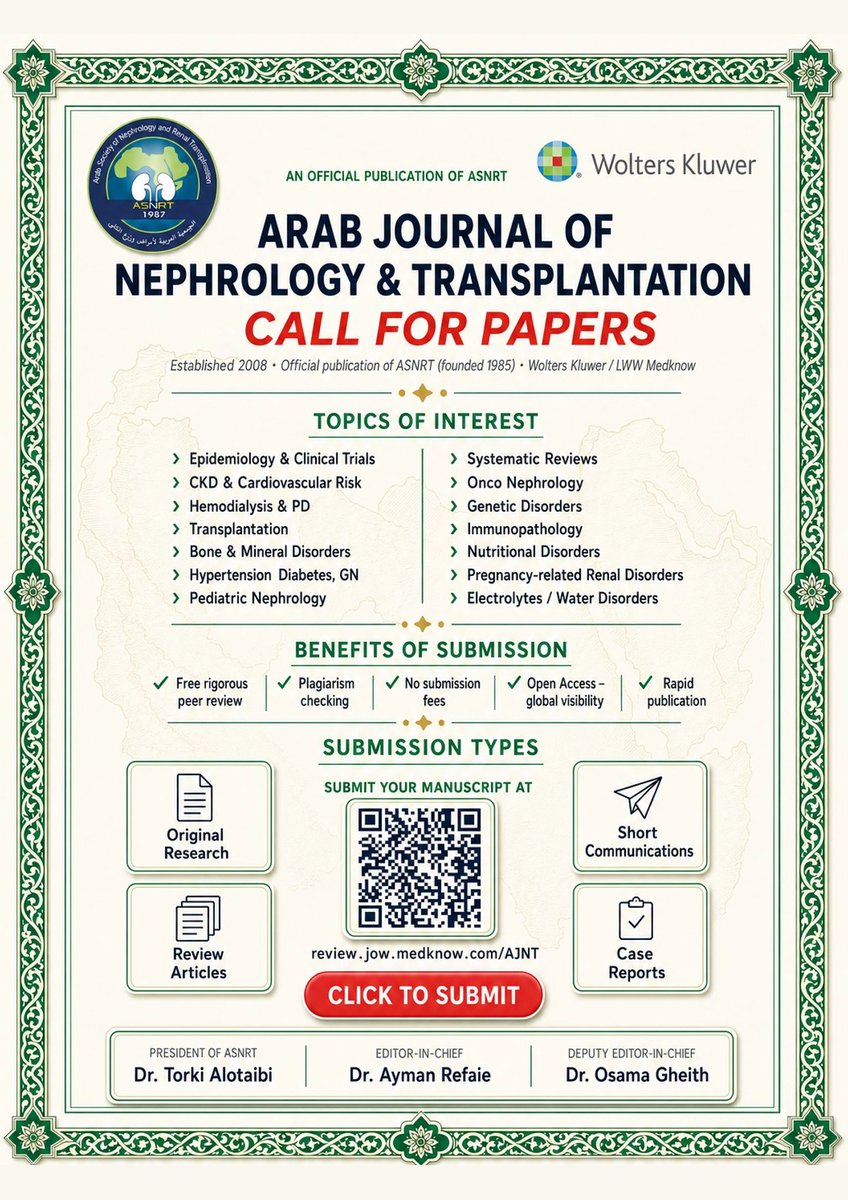 asnrt_org's tweet photo. 🔓 AJNT submissions are open

The Arab Journal of Nephrology &amp; Transplantation has reopened on the Wolters Kluwer / LWW Medknow platform.

Original research, reviews, case reports across 14 subspecialties.

Free peer review · Open Access · No fees

https://t.co/EFsXAx1C7l

#Nephr https://t.co/gqiFHtZElx