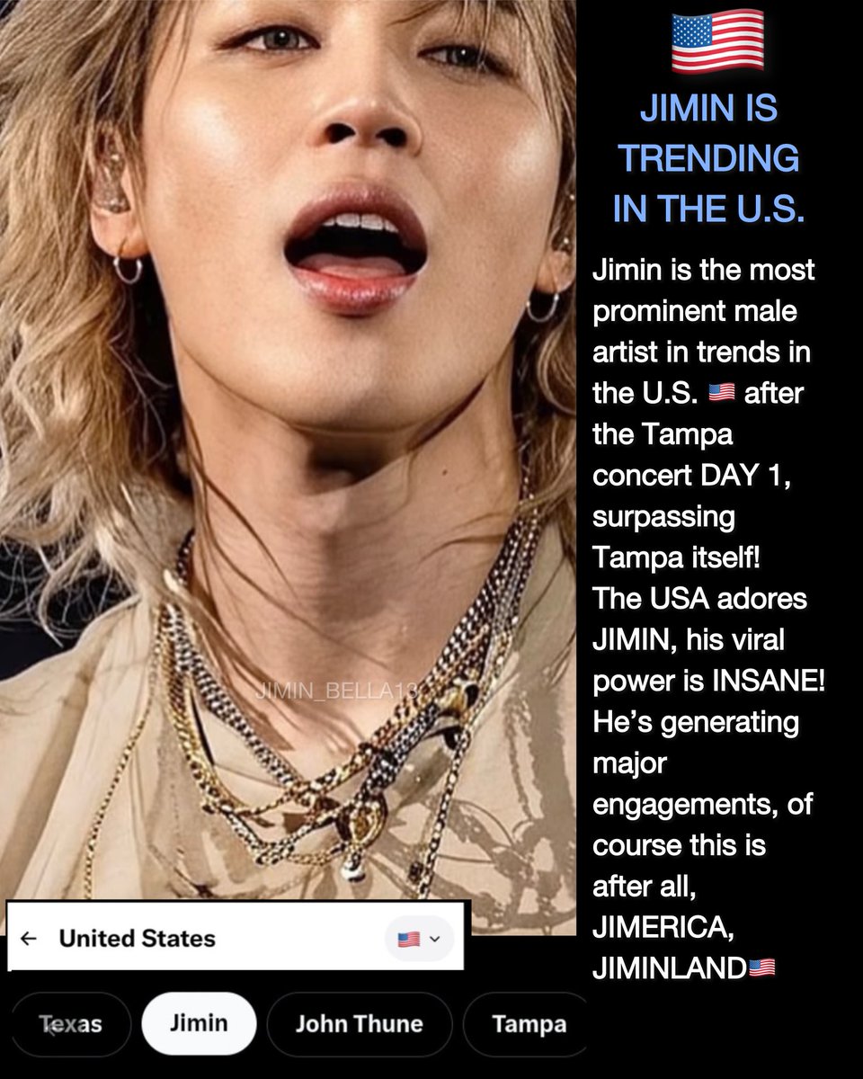 🇺🇸JIMIN CONTINUOUS TRENDING IN THE U.S.  Jimin is the most prominent male artist in trends in the U.S. 🇺🇸 after the Tampa concert DAY 1, surpassing Tampa itself!😁😁😁
The USA adores JIMIN, his viral power is INSANE &amp; UNPARALLELED!  He’s generating major engagements,…of course